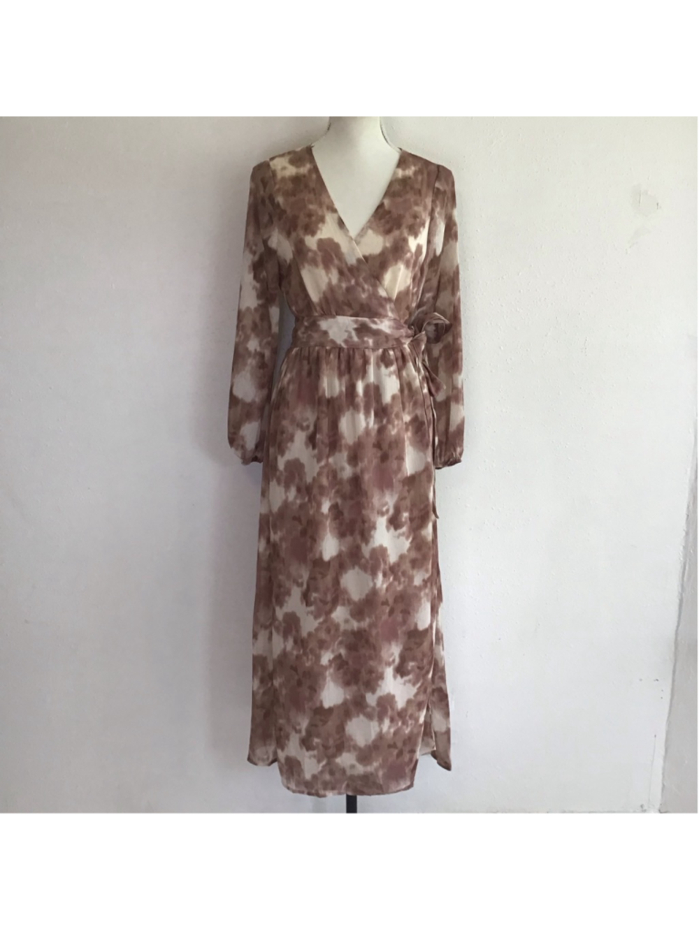 Jacquie The Label Women Elegant Brown Beige Tie Dye Long Sleeve Wrap Dress S